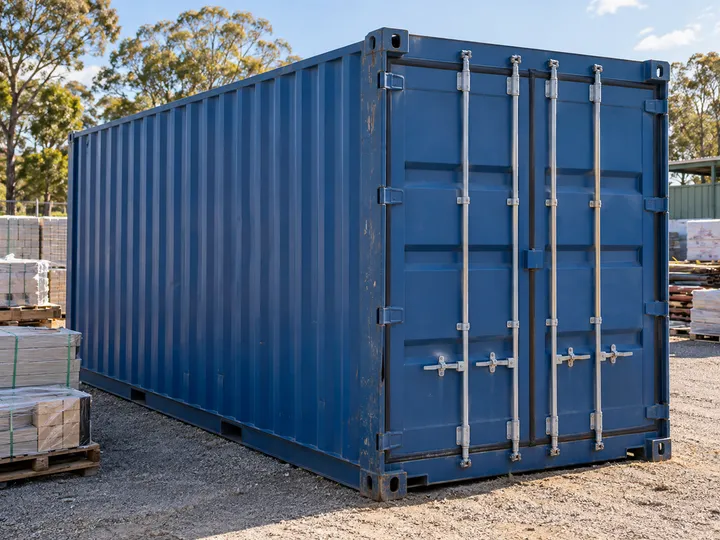 Illustration of a blue container with stock and pallets outside an Australian business